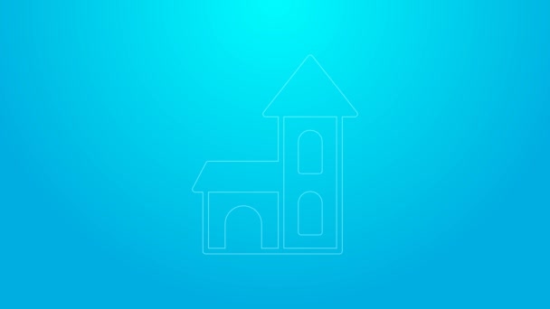 Pink line Church building icon isolated on blue background. Christian Church. Religion of church. 4K Video motion graphic animation — Stock Video