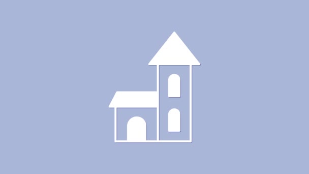 紫色の背景に隔離された白い教会の建物のアイコン。キリスト教会。教会の宗教。4Kビデオモーショングラフィックアニメーション — ストック動画