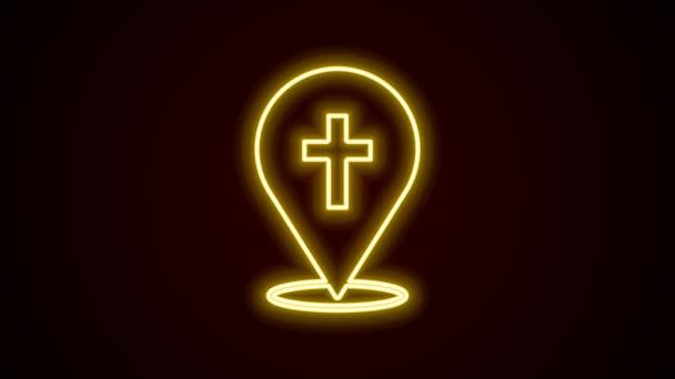 Világító neon vonal Térkép pin templom épület ikon elszigetelt fekete háttér. Keresztény egyház. Az egyház vallása. 4K Videó mozgás grafikus animáció — Stock videók
