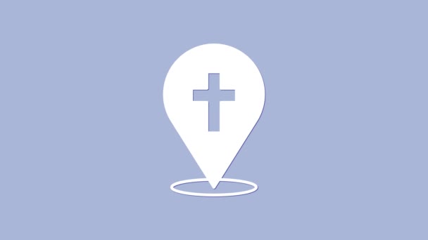 Λευκό χάρτη pin εκκλησία κτίριο εικόνα απομονώνονται σε μωβ φόντο. Χριστιανική Εκκλησία. Θρησκεία της εκκλησίας. 4K Γραφική κίνηση κίνησης βίντεο — Αρχείο Βίντεο