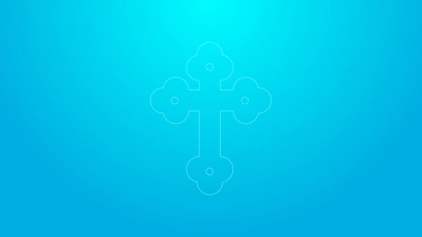 Rózsaszín vonal Keresztény kereszt ikon elszigetelt kék háttérrel. Templomi kereszt. 4K Videó mozgás grafikus animáció — Stock videók