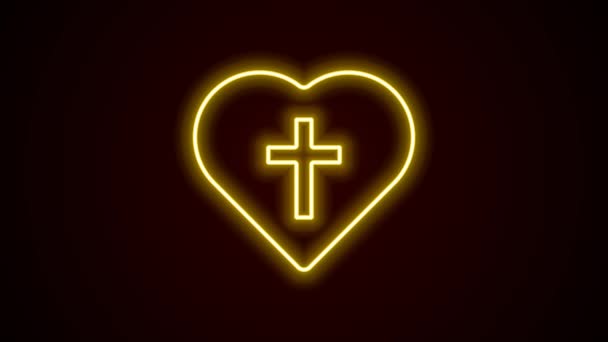 Brillante línea de neón cruz cristiana en el icono del corazón aislado sobre fondo negro. Feliz Pascua. Animación gráfica de vídeo 4K — Vídeo de stock