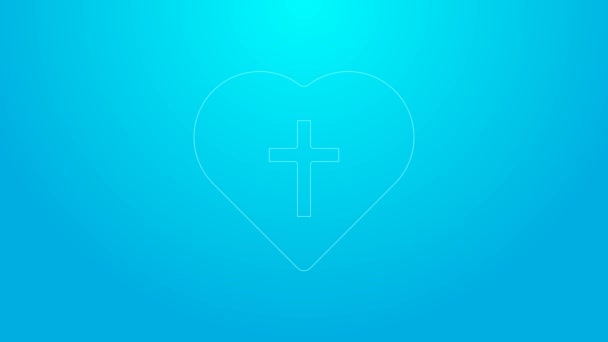 Pink line Christian cross in heart icon isolated on blue background. Happy Easter. 4K Video motion graphic animation — Stockvideo
