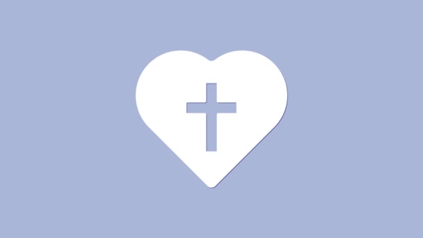 Weißes christliches Kreuz im Herzsymbol isoliert auf violettem Hintergrund. Frohe Ostern. 4K Video Motion Grafik Animation — Stockvideo