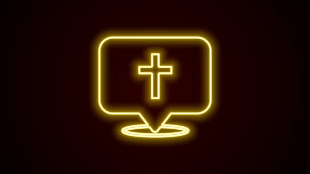 ネオンラインの輝き黒い背景に隔離された地図ピン教会の建物のアイコン。キリスト教会。教会の宗教。4Kビデオモーショングラフィックアニメーション — ストック動画