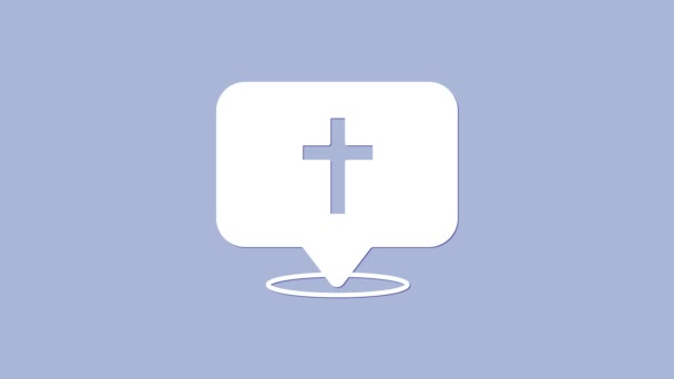 Icône de bâtiment d'église de broche de carte blanche isolée sur fond violet. Église chrétienne. Religion d'église. Animation graphique de mouvement vidéo 4K — Video