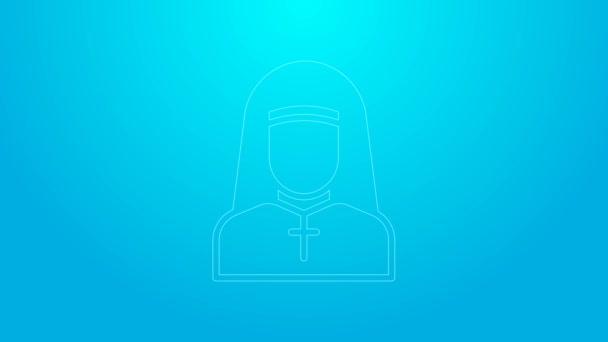 Pink line Nun icon isolated on blue background. Sister of mercy. 4K Video motion graphic animation — Video