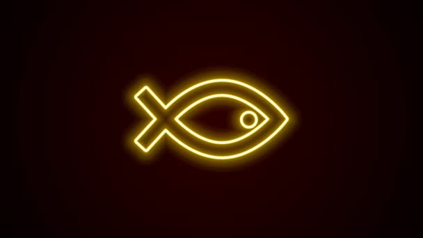 Ragyogó neon vonal Keresztény hal szimbólum ikon elszigetelt fekete háttérrel. Jézus hal szimbólum. 4K Videó mozgás grafikus animáció — Stock videók