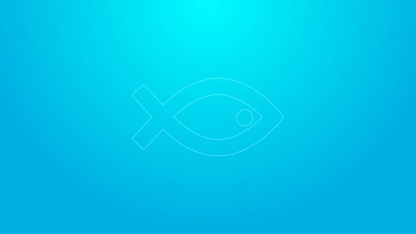 Pink line Christian fish symbol icon isolated on blue background. Jesus fish symbol. 4K Video motion graphic animation — Wideo stockowe