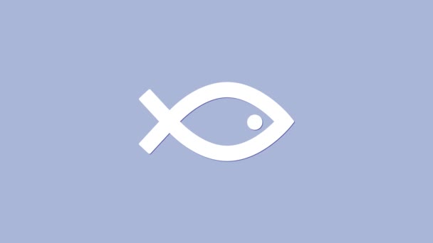 Символ белой христианской рыбы выделен на фиолетовом фоне. Символ Иисуса. Видеографическая анимация 4K — стоковое видео