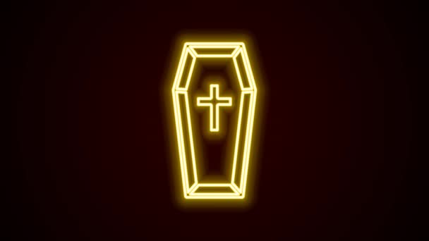 Gloeiende neon lijn Coffin met christelijk kruis pictogram geïsoleerd op zwarte achtergrond. Gelukkig Halloween feest. 4K Video motion grafische animatie — Stockvideo