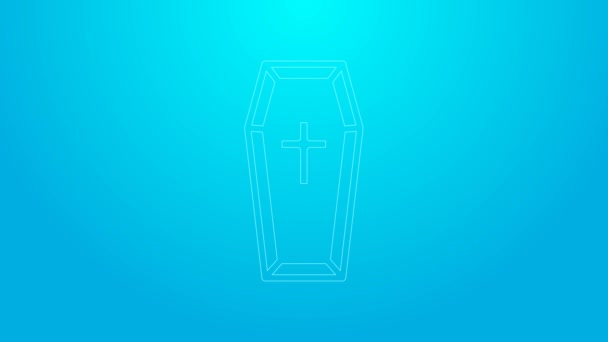 Coffin línea rosa con icono de cruz cristiana aislado sobre fondo azul. Feliz fiesta de Halloween. Animación gráfica de vídeo 4K — Vídeo de stock