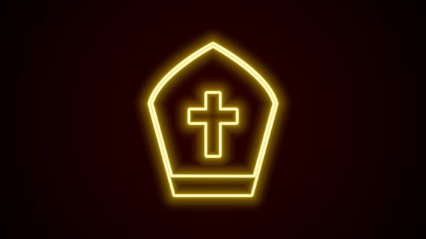 Linha de néon brilhante ícone chapéu Papa isolado no fundo preto. Sinal de chapéu cristão. Animação gráfica em movimento de vídeo 4K — Vídeo de Stock