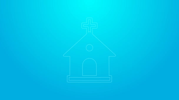 Icono de edificio de la iglesia de línea rosa aislado sobre fondo azul. Iglesia Cristiana. Religión de la iglesia. Animación gráfica de vídeo 4K — Vídeos de Stock