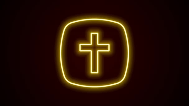 Светящаяся неоновая линия христианский крест икона изолированы на черном фоне. Церковный крест Видеографическая анимация 4K — стоковое видео