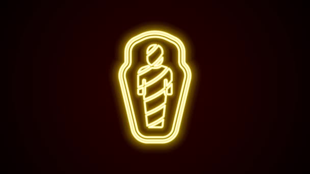 Luminoso neon linea Egitto mummia in icona sarcofago isolato su sfondo nero. Animazione grafica 4K Video motion — Video Stock