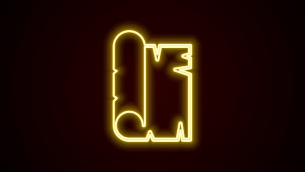 Glowing neon line Ancient papyrus scroll icon isolated on black background. Parchment paper. Ancient Egypt symbol. 4K Video motion graphic animation — Wideo stockowe