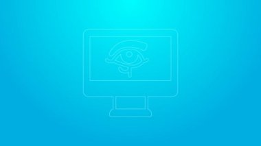 Pink line Eye of Horus on monitor icon isolated on blue background. Ancient Egyptian goddess Wedjet symbol of protection, royal power and good health. 4K Video motion graphic animation
