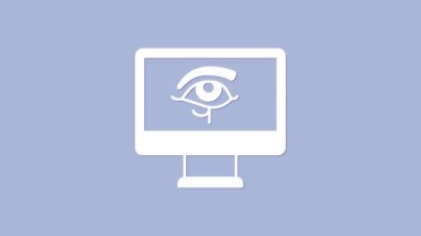 White Eye of Horus on monitor icon isolated on purple background. Ancient Egyptian goddess Wedjet symbol of protection, royal power and good health. 4K Video motion graphic animation