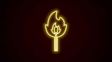 Siyah arkaplanda izole edilmiş ateş ikonu ile parlayan neon hattı yakma kibriti. Ateşle maç. Kibrit işareti. 4K Video hareketli grafik canlandırması
