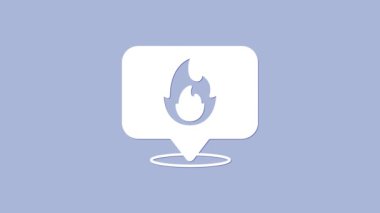 Mor zemin üzerinde ateş alev ikonu olan beyaz harita işaretçisi. Yakında yangın var. 4K Video hareketli grafik canlandırması