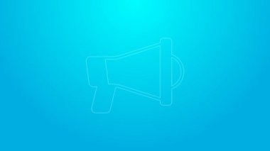 Mavi arkaplanda izole edilmiş pembe çizgi megafon simgesi. Sözcü işareti. 4K Video hareketli grafik canlandırması