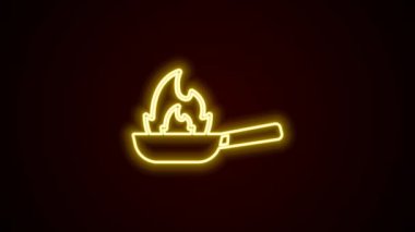 Glowing neon line Pan with fire icon isolated on black background. 4K Video motion graphic animation