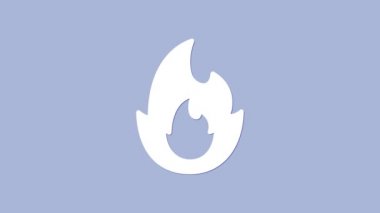 Beyaz Ateş alev simgesi mor arkaplanda izole edilmiş. 4K Video hareketli grafik canlandırması