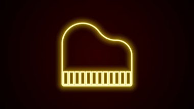 Parlayan neon hattı, siyah arkaplanda izole edilmiş büyük piyano ikonu. Müzik aleti. 4K Video hareketli grafik canlandırması
