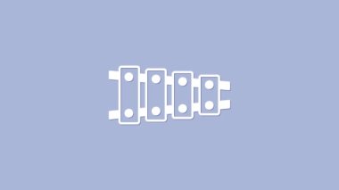 Beyaz ksilofon. Mor zemin üzerinde 13 tahta çubuk ve iki perküsyon tokmağı olan bir müzik aleti. 4K Video hareketli grafik canlandırması