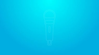 Pembe çizgi mikrofon simgesi mavi arkaplanda izole edildi. Radyodaki mikrofondan. Sözcü işareti. 4K Video hareketli grafik canlandırması