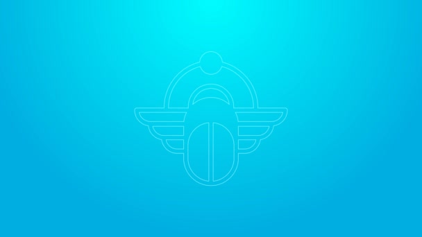 Pink line Egyptian Scarab icon isolated on blue background. Winged scarab Beetle and sun. 4K Video motion graphic animation — Vídeo de Stock