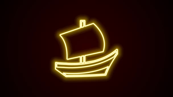 黒の背景に孤立したネオンラインエジプト船のアイコンを光る。エジプトのパピルスボート。4Kビデオモーショングラフィックアニメーション — ストック動画