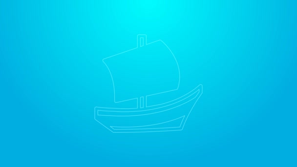 Pink line Egyptian ship icon isolated on blue background. Egyptian papyrus boat. 4K Video motion graphic animation — Stock Video