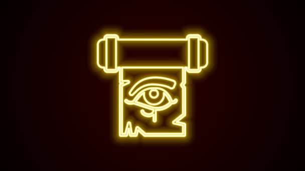 Glowing neon line Eye of Horus on papyrus scroll icon isolated on black background. Parchment paper. Ancient Egypt symbol. 4K Video motion graphic animation — Vídeo de Stock