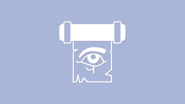 Λευκό Μάτι του Ώρου σε πάπυρο εικόνα scroll απομονώνονται σε μωβ φόντο. Χαρτί περγαμηνής. Αρχαίο σύμβολο Αιγύπτου. 4K Γραφική κίνηση κίνησης βίντεο — Αρχείο Βίντεο