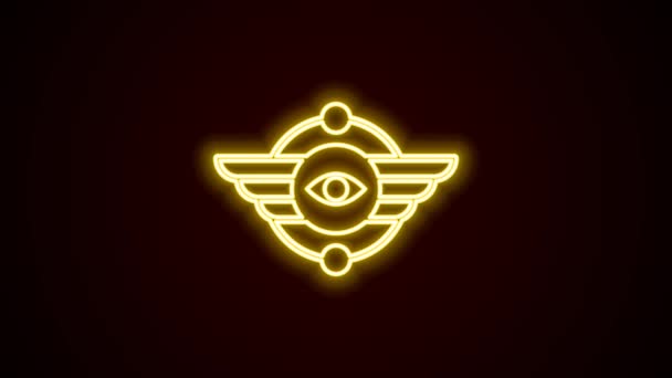 Ragyogó neon vonal egyiptomi szimbólum Szárnyas Nap ikon elszigetelt fekete háttérrel. 4K Videó mozgás grafikus animáció — Stock videók