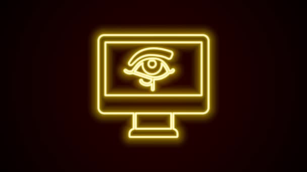 Glowing neon line Eye of Horus on monitor icon isolated on black background. Ancient Egyptian goddess Wedjet symbol of protection, royal power and good health. 4K Video motion graphic animation — Wideo stockowe