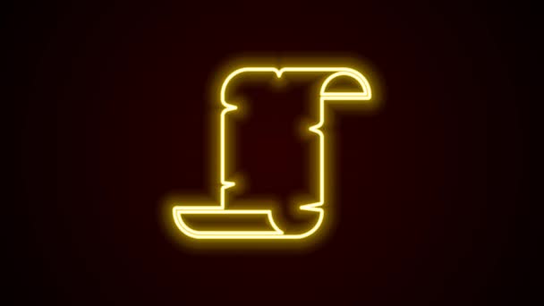 Zářící neonová čára Starověký papyrus svitek ikona izolované na černém pozadí. Pergamenový papír. Symbol starověkého Egypta. Grafická animace pohybu videa 4K — Stock video