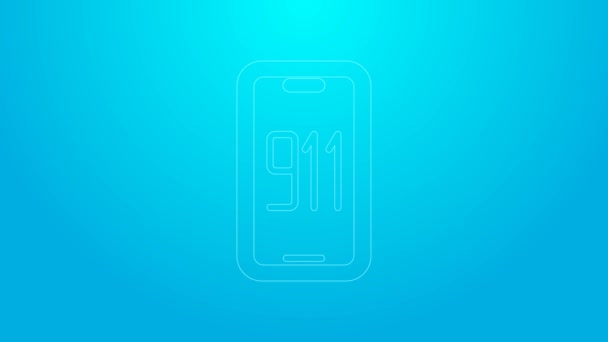 Roze lijn Mobiele telefoon met noodoproep 911 pictogram geïsoleerd op blauwe achtergrond. Politie, ambulance, brandweer, bel, telefoon. 4K Video motion grafische animatie — Stockvideo