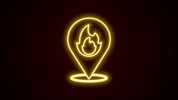 Świecąca neonowa linia Wskaźnik mapy z ikoną płomienia ognia odizolowany na czarnym tle. Pożar w pobliżu. 4K Animacja graficzna ruchu wideo — Wideo stockowe