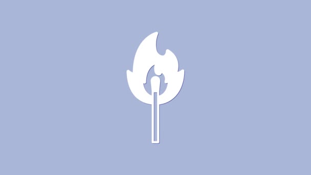 White Burning match with fire icon isolated on purple background. Match with fire. Matches sign. 4K Video motion graphic animation — Stock Video