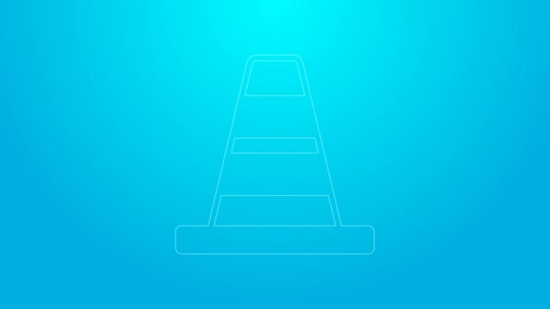 Icono de cono de tráfico de línea rosa aislado sobre fondo azul. Animación gráfica de vídeo 4K — Vídeo de stock
