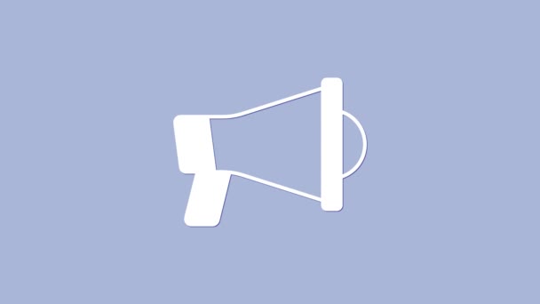 Icono de megáfono blanco aislado sobre fondo púrpura. Firma del portavoz. Animación gráfica de vídeo 4K — Vídeo de stock