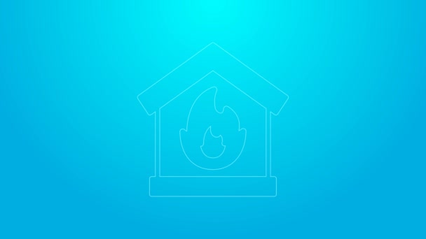 Pink line Fire in burning house icon isolated on blue background. 4K Video motion graphic animation — Vídeo de stock