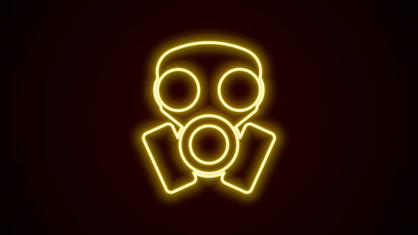 Parlayan neon hattı gaz maskesi simgesi siyah arkaplanda izole edildi. Solunum cihazı işareti. 4K Video hareketli grafik canlandırması — Stok video
