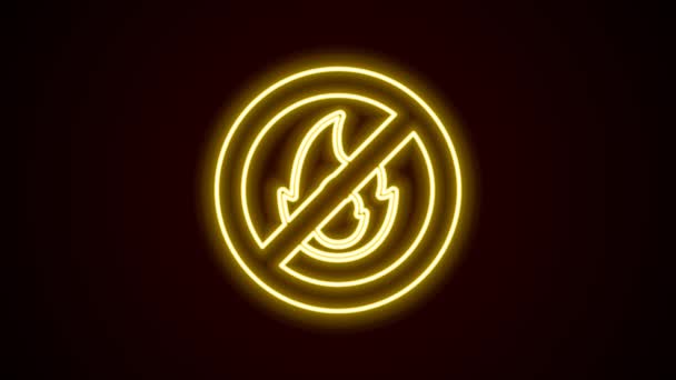 Linea al neon luminosa Nessuna icona del fuoco isolata su sfondo nero. Divieto di incendio e proibito. Animazione grafica 4K Video motion — Video Stock