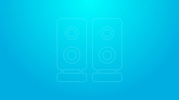 Icono de altavoz estéreo de línea rosa aislado sobre fondo azul. Altavoces del sistema de sonido. Icono musical. Equipo de altavoz de columna musical bajo. Animación gráfica de vídeo 4K — Vídeo de stock