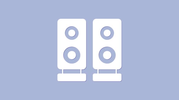 Icono de altavoz estéreo blanco aislado sobre fondo púrpura. Altavoces del sistema de sonido. Icono musical. Equipo de altavoz de columna musical bajo. Animación gráfica de vídeo 4K — Vídeo de stock