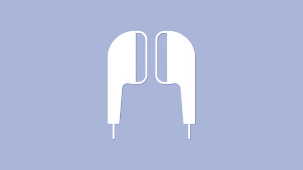 Ícone de fones de ouvido White Air isolado no fundo roxo. Suporte sem fio no caso de fones de ouvido gadget eletrônico. Animação gráfica em movimento de vídeo 4K — Vídeo de Stock